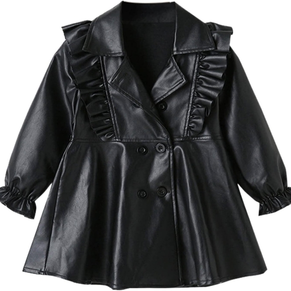 🎀NEW Princess Black Faux Leather Ruffles, Long Sleeve England Style Dress - Picture 1 of 7